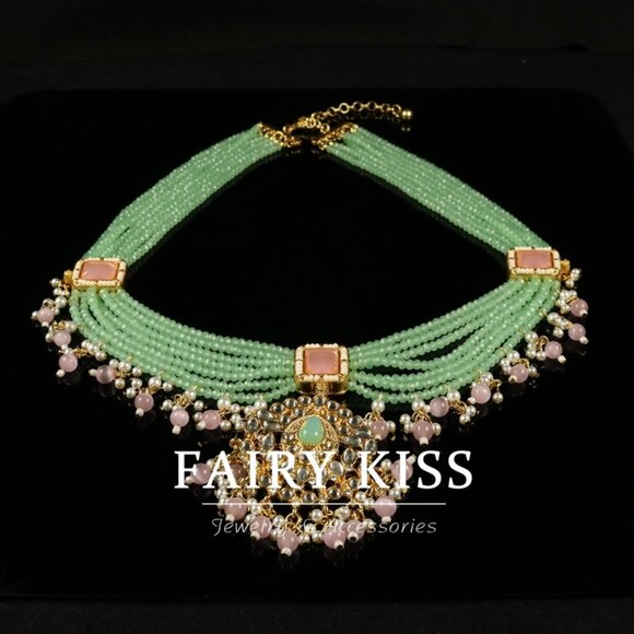 Maximalist Pink Pearl & Green Bead Tassel Necklace - Picture 2 of 4